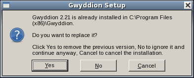 Снимок экрана программы установки для MS Windows с вопросом об обновлении